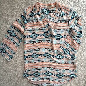 Wishful Park Peach & Teal Aztec Print Split-Neck Blouse